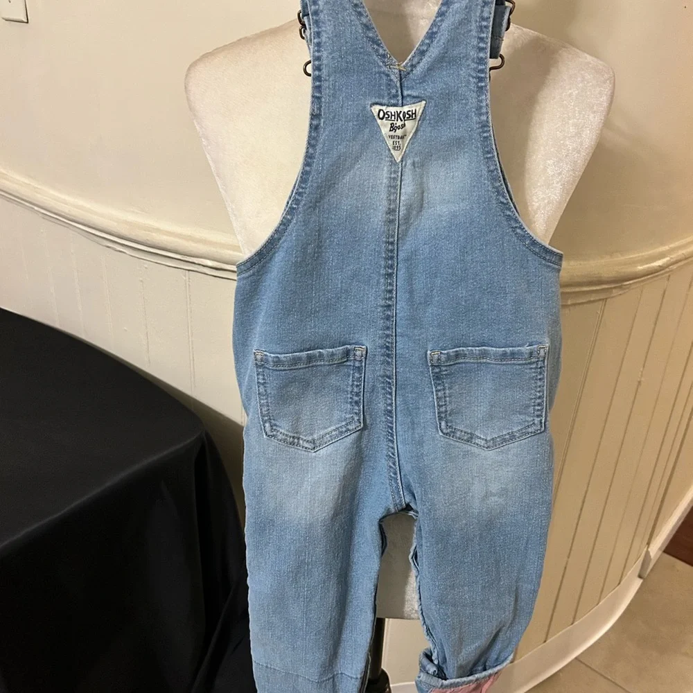 OshKosh B'gosh Light Wash Blue Denim Overalls/Pink Lining/White Flowers/24 M